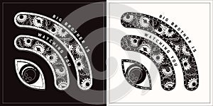 Monochrome wifi icon in vintage style with gears, metal rail, rivets, text