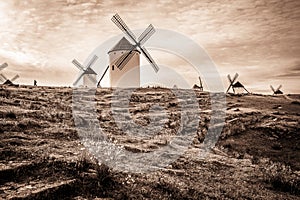 Monochrome of windmills in Campo de Criptana town, province of Ciudad Real, Castilla-La Mancha, Spain photo
