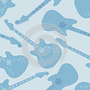 Monochrome winter seamless pattern with blue snowflake finish guitar silhouettes. Vector