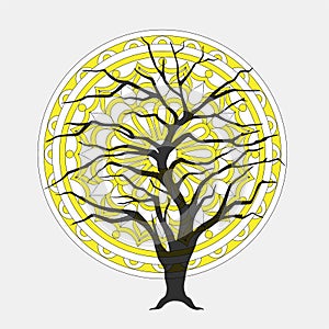 Monochrome yellow geometric mandala with tree silhouette