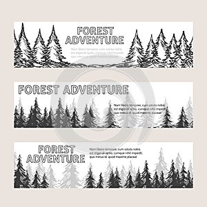 Monochromic horizontal banners with pine forest