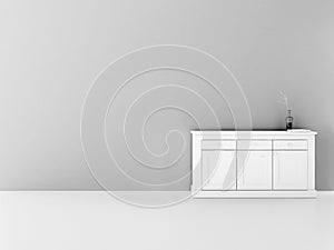 Monochromic room interior with white sideboard, chest of drawers.
