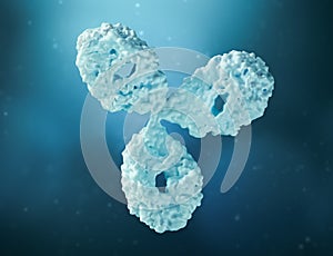 Monoclonal antibody close-up on a blue background 3D rendering illustration. Biochemistry, molecular biology and medicine concepts