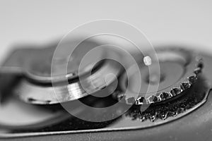 Monocrome macro shot of a tin and can opener