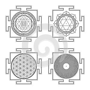 Monocrome outline hindu yantra illustrations set