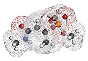 Monocrotophos organophosphate insecticide molecule. Also known to be persistent organic pollutant. 3D rendering. Atoms are.