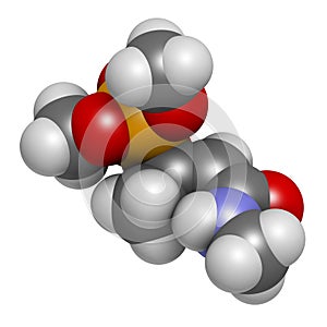 Monocrotophos organophosphate insecticide molecule. Also known to be persistent organic pollutant. 3D rendering. Atoms are.