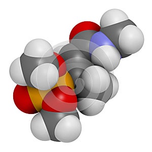 Monocrotophos organophosphate insecticide molecule. Also known to be persistent organic pollutant. 3D rendering. Atoms are.