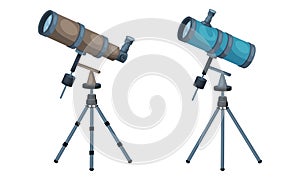 Monocular as Modified Refracting Telescope on Tripod for Viewing Distant Object Vector Set
