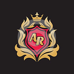 Monogram AR letters - concept logo template design. Crest heraldic luxury emblem. Red shield, golden leaves and crown.