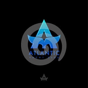 A monogram. Atlantic logo. Letter A and whale tail emblem. Sea and ocean travel.