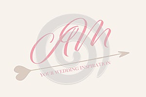 AM monogram. Calligraphy letter a, letter m signature and heart decoration logo.