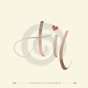 AM monogram. Calligraphy letter a, letter m signature logo. Heart love symbol.