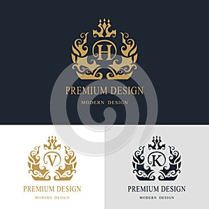 Monogram creative elements, graceful template. Calligraphic elegant line art logo design. Letter emblem H, V, K for Royalty, busin