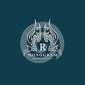 Monogram design elements, graceful template. Calligraphic elegant line art logo design. Capital Letter emblem sign R for Royalty,