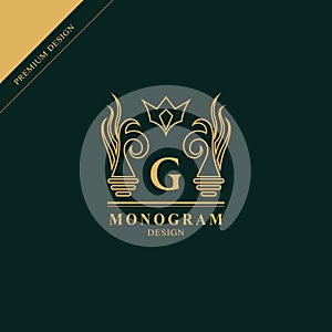 Monogram design elements, graceful template. Calligraphic elegant line art logo design. Capital Letter emblem sign G for Royalty,