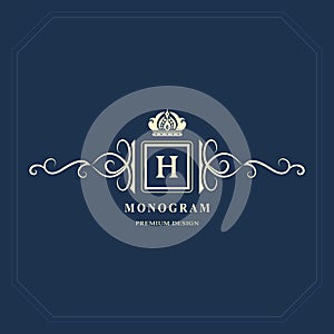 Monogram design elements, graceful template. Calligraphic elegant line art logo design. Capital Letter emblem sign H for Royalty,