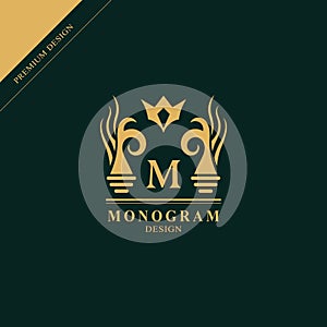 Monogram design elements, graceful template. Calligraphic elegant line art logo design. Capital Letter emblem sign M for Royalty,