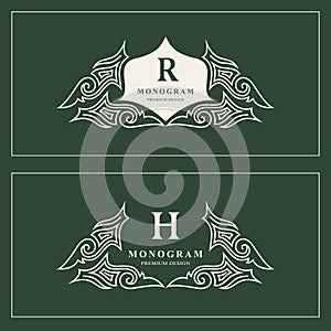 Monogram design elements, graceful template. Calligraphic elegant line art logo design. Capital Letter emblem sign R, H for Royalt