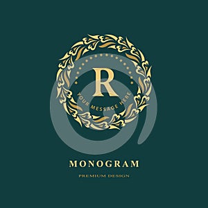 Monogram design elements, graceful template. Calligraphic elegant line art logo design. Capital Letter emblem sign R for Royalty,