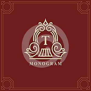 Monogram design elements, graceful template. Calligraphic elegant line art logo design. Capital Letter emblem sign T for Royalty,