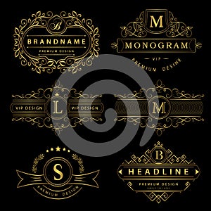 Monogram design elements, graceful template. Calligraphic elegant line art logo design. Gold Letter emblem sign B, M, L, S