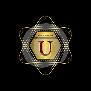 Monogram design elements, graceful template. Calligraphic elegant line art logo design. Gold letter U. Business sign for Royalty,