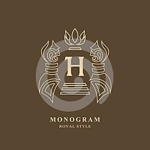 Monogram design elements, graceful template. Calligraphic elegant line art logo design. Letter emblem H sign for Royalty, business