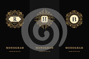 Monogram design elements graceful template. Calligraphic elegant line art logo design. Letter emblem sign B, R, H for Royalty, bus