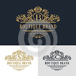 Monogram design elements, graceful template. Calligraphic elegant line art logo design. Letter emblem sign B, S, C for Royalty