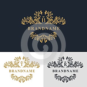 Monogram design elements, graceful template. Calligraphic elegant line art logo design. Letter emblem sign B, T, R for Royalty