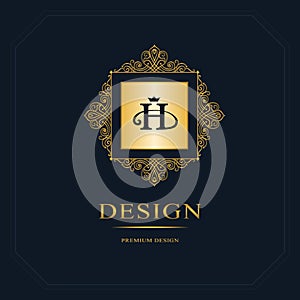 Monogram design elements, graceful template. Calligraphic elegant line art logo design. Letter emblem sign H for Royalty, business
