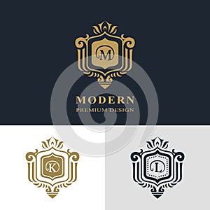 Monogram design elements, graceful template. Calligraphic elegant line art logo design. Letter emblem sign M, K, L for Royalty