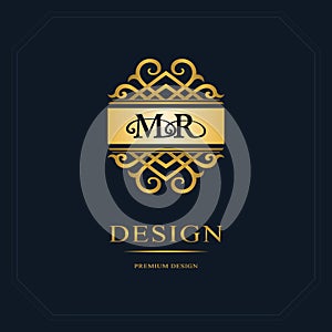 Monogram design elements, graceful template. Calligraphic elegant line art logo design. Letter emblem sign M, R for Royalty, busin