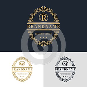 Monogram design elements, graceful template. Calligraphic elegant line art logo design. Letter emblem sign M, W, R for Royalty