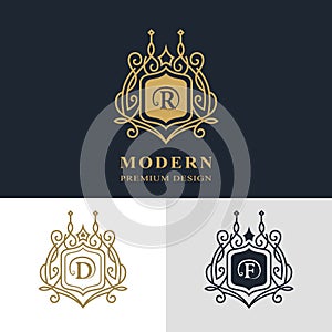 Monogram design elements, graceful template. Calligraphic elegant line art logo design. Letter emblem sign R, D, F for Royalty