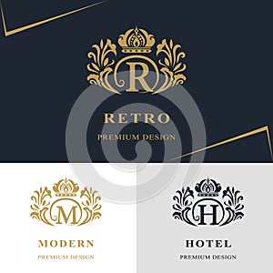 Monogram design elements, graceful template. Calligraphic elegant line art logo design. Letter emblem sign R, M, H for Royalty,