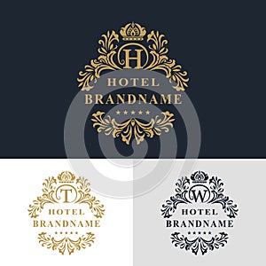 Monogram design elements, graceful template. Calligraphic elegant line art logo design. Letter emblem sign T, W, H for Royalty