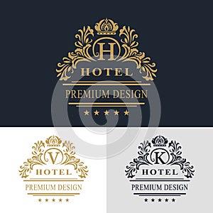 Monogram design elements, graceful template. Calligraphic elegant line art logo design. Letter emblem sign V, K, H for Royalty