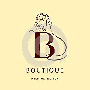 Monogram design elements, graceful template. Elegant line art logo design. Letter B. Emblem. Lion silhouette. Vector illustration