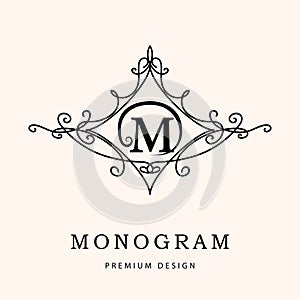 Monogram design elements, graceful template. Elegant line art logo design. Letter M. Emblem. Vector illustration