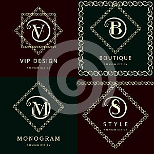 Monogram design elements, graceful template. Elegant line art logo design. Letter M, S, V, B. Emblem. Vector illustration