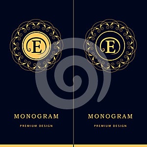 Monogram design elements, graceful template. Letter emblem sign E. Calligraphic elegant line art logo design for business cards