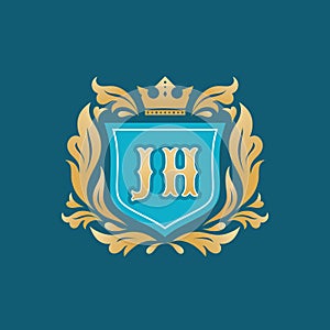 Monogram JH letters - concept logo template design. Crest heraldic luxury emblem. Blue shield, golden leaves and crown. Initials