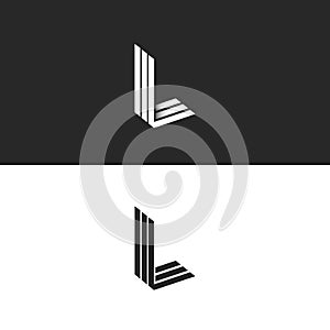 Monogram L logo hipster letter, isometric shape LLL emblem 3D parallel thin line, mockup linear initials typography design element