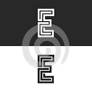 Monogram letter E logo maze shape creative art work interweaving black and white lines emblem for business card