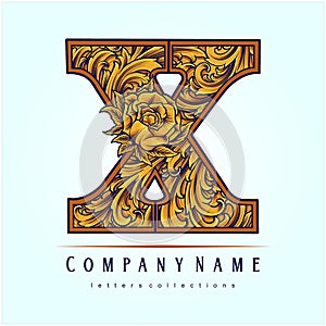 Monogram letter X with luxury petals engraved ornament illustrations