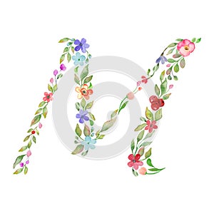 Monogram letter M made of watercolor floral. Hand drawing illustration. Vector EPS.