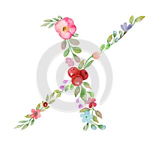 Monogram letter X made of watercolor flowers, leaves, branches, berries. Hand drawing illustration