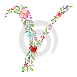 Monogram letter Y made of watercolor flowers, leaves, branches, berries. Hand drawing illustration. Vector EPS.